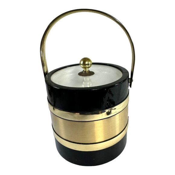Vintage Morgan Black & Gold MCM Barware Insulated Ice Bucket With Handle READ - Picture 1 of 8
